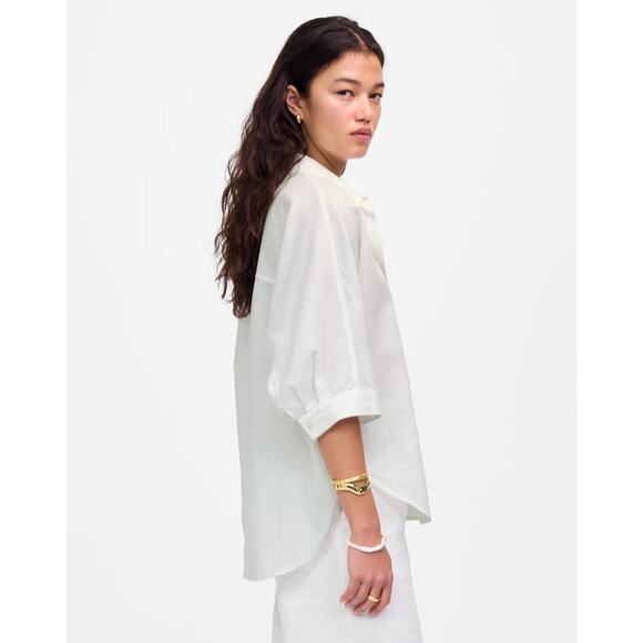 Madewell Oversized Button-Up Shirt SZ XXS White Cotton-Linen 3/4 Pleated-Sleeve - Picture 4 of 9